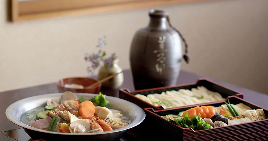 สำรับอาหารที่เตรียมหม้อไฟอูด้ง เส้นอูด้ง กุ้ง และผัก